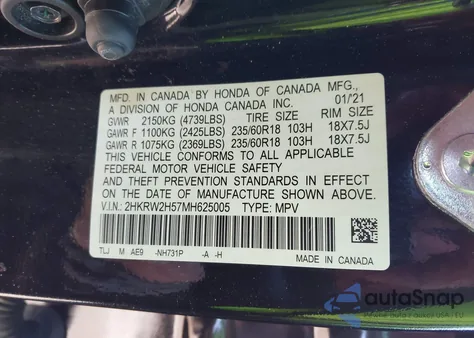 2021 Honda Cr-V Awd Ex z USA, uszkodzony, nr VIN 2HKRW2H57MH625005
